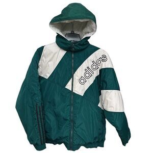 Vintage 90s Adidas Puffy Coat Jacket Mens Size XL Green and White Removable Hood